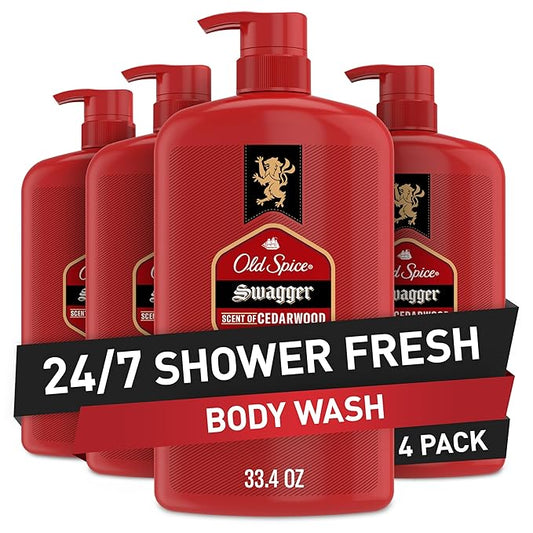 Old Spice Body Wash for Men, Refreshing 3X Defense, 24/7 Shower Fresh with Long Lasting Scent, Red Collection, Swagger with Cedarwood Scent, 33.4 oz (Pack of 4)
