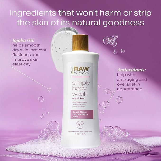 RAW SUGAR Simply Body Wash, Beach Rose + Coconut Milk + Shea (25 Fl Oz, Pack of 1) Sensitive Skin Bath Soap, Formulated without Sulfates & Parabens
