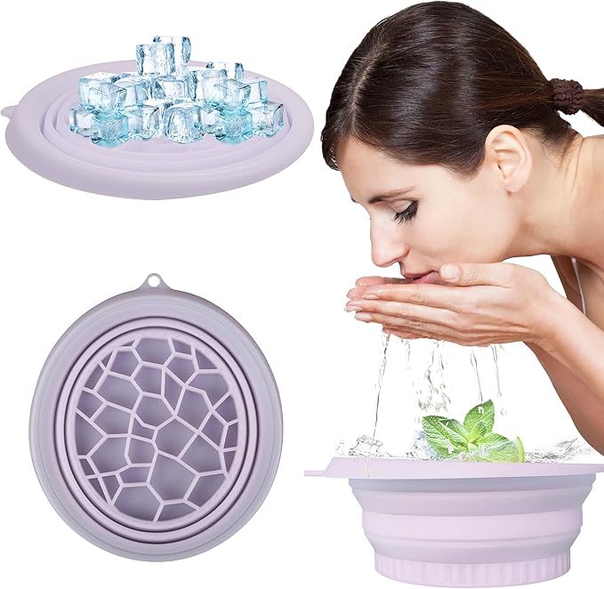 Silicone Face Bowl for Ice with Built-in Icetray,Ice Facial Folding Washbasin,Foldable Bath Face Bowl,Skin Tightening, Acne Relief Facial Plunge Bowl for Home & Travel (Purple)