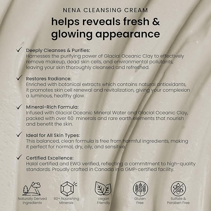 NENA Natural Face Wash for Dry Skin - Gentle Exfoliating & Anti Aging Facial Cleanser for Women with Glycolic Acid and Glacial Clay - EWG Verified - 3.5 oz.