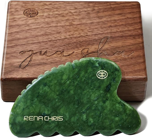 Rena Chris Gua Sha Facial Tool, Natural Xiuyan Jade Stone Body Gua Sha with Exquisite Wooden Box, Large Guasha Suitable for Face Lifting, Puffiness Reducing and Whole Body Massage, Skin Care Massager