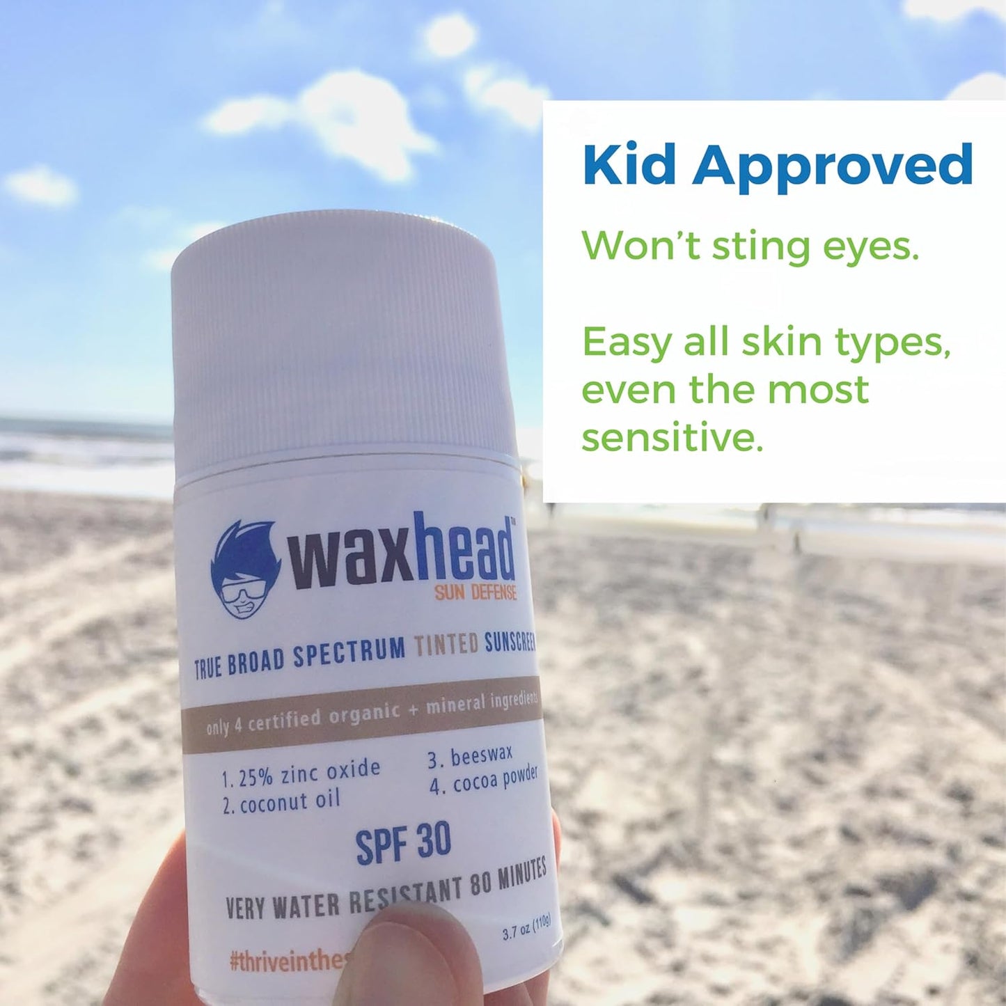 Waxhead Tinted Zinc Sunscreen Stick Face SPF 30 - Reef Safe Sunscreen, Tinted Zinc Oxide Stick Biodegradable, Waterproof, Skin Tone, Food-Grade, Non-Nano, Natural Non-Toxic Kids, Surfing (Tint, 3.7oz)