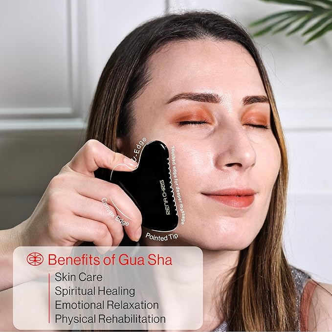 Rena Chris Gua Sha Facial Tools, Natural Obsidian Gua Sha with Teeth for Face & Body, Manual Massage Sticks for Jawline Sculpting and Puffiness Reducing, Facial Massage Tool, Skin-Care (Black)