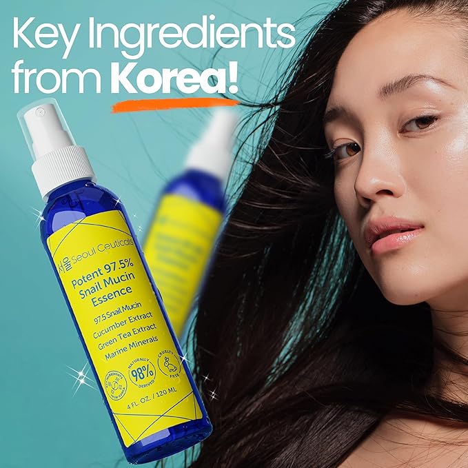 SeoulCeuticals Korean Face Mist 97.5% Snail Mucin Essence - K Beauty Skincare Facial Spray - Cucumber Extract + Marine Minerals + Green Tea + Aloe 4oz
