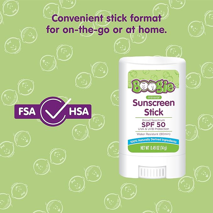 Baby Sunscreen Stick by Boogie, Mineral Sunscreen SPF 50, Travel Size Sunblock for Kids, FSA/HSA Eligible, Zinc Oxide, Water Resistant, Vegan, Fragrance Free, Pack of 3