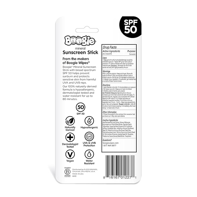 Baby Sunscreen Stick by Boogie, Mineral Sunscreen SPF 50, Travel Size Sunblock for Kids, FSA/HSA Eligible, Zinc Oxide, Water Resistant, Vegan, Fragrance Free, Pack of 3