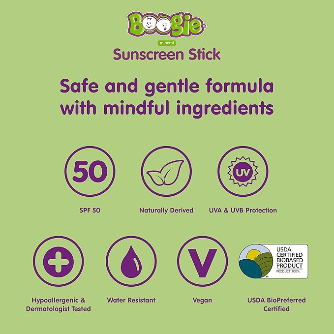 Baby Sunscreen Stick by Boogie, Mineral Sunscreen SPF 50, Travel Size Sunblock for Kids, FSA/HSA Eligible, Zinc Oxide, Water Resistant, Vegan, Fragrance Free, Pack of 3