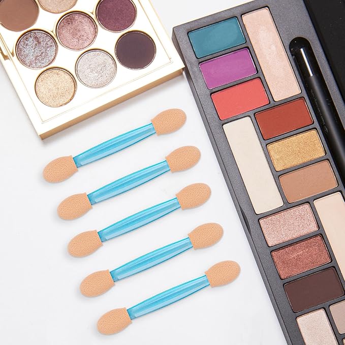 150 Eye Shadow Applicator Disposable Foam Makeup Brush Sponge Tipped Oval Eyeshadow Applicators Dual Sides with Container, Blue