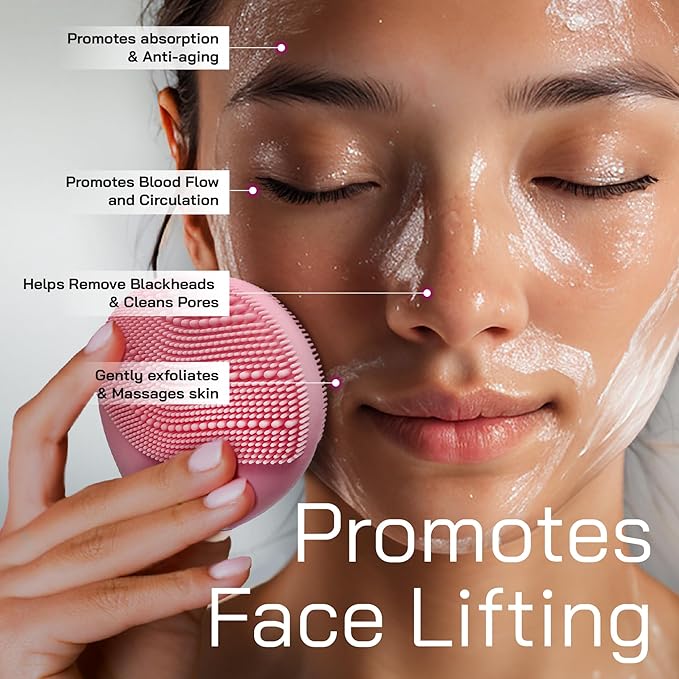 Bella Ciao Facial Cleansing Brush and Massager, Silicone Face Exfoliator - Cordless, Soft, Vibrating Face Brush, Facial Cleanser for Women, Pore Cleaner - Splashproof, Battery Operated, Pink