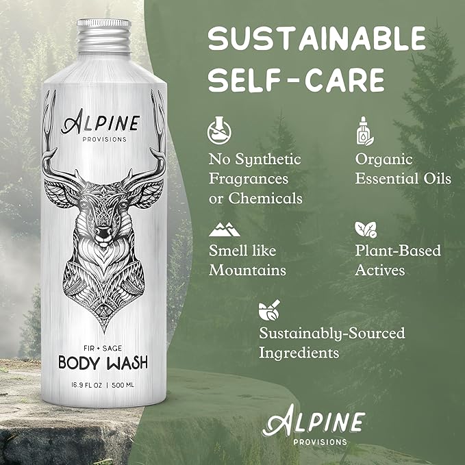 Alpine Provisions Natural Fir & Sage Body Wash – Refreshing & Moisturizing with Essential Oils, Aloe Vera & Coconut Oil – Vegan, Sulfate-Free, Plastic-Free Aluminum Bottle – 16.9 FL Oz