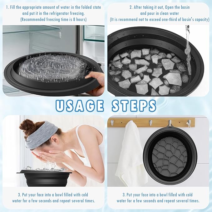 Foldable Face Ice Bath Bowl, Face Bowl for Ice With Built-in Ice Tray, Collapsible Silicone Facial Ice Bath Bowl for Cold Plunge Therapy, Skin Tightening, Travel Cold Bath Spa Tool, Black