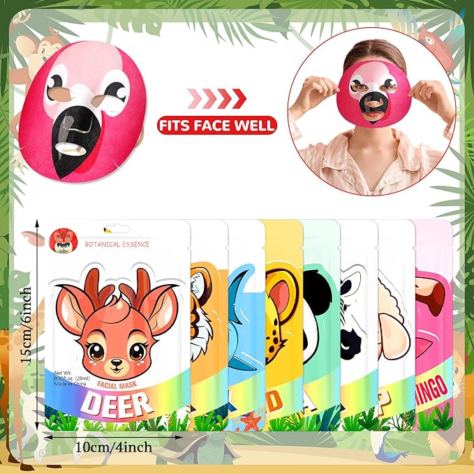 16 Pcs Animal Face Masks Bulk Animal Character Sheet Skincare Facial Mask for Women Face Spa Party Gifts, Holiday Night, Birthday Party Supplies