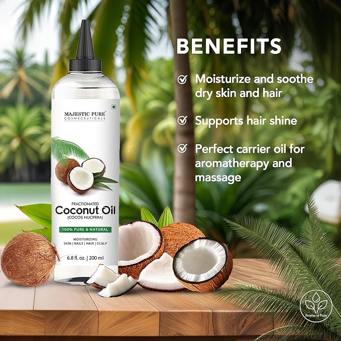 Majestic Pure Fractionated Coconut Oil - Relaxing Massage Oil, Liquid Carrier Oil for Diluting Essential Oils - Skin, Lip, Body & Hair Oil Moisturizer & Softener - 6.8 fl oz