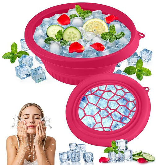 Large Bowl for Face Ice Bath, Foldable Facial Ice Bath with Built-in Icetray, Silicone Facial Ice Bath Bowl, Ice Face Bowl (Rosy)