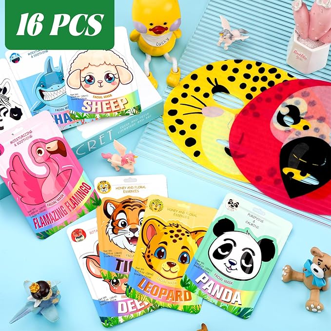 16 Pcs Animal Face Masks Bulk Animal Character Sheet Skincare Facial Mask for Women Face Spa Party Gifts, Holiday Night, Birthday Party Supplies