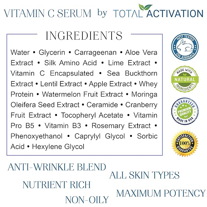 Vitamin C Serum with Aloe Vera & Vitamin E, Anti-Oxidant, Anti Wrinkle, Anti Aging, Skin Nourishment Day and Night Boost Collagen Production Fine Lines Soothing Hydration 2oz
