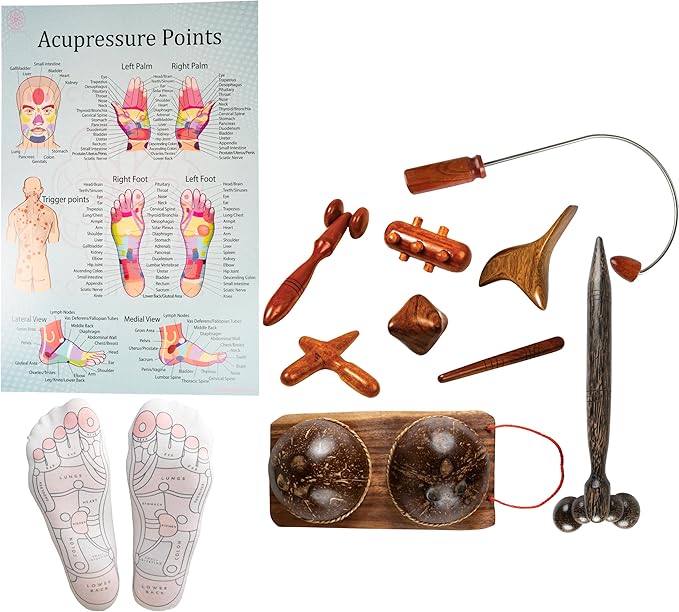 CCcollections Wood Therapy Massage Tools, Reflexology Wooden Stick Tool, Traditional Equipment for Relieving Muscle Pain Body Lymphatic Drainage Massager - (J 9SET+SOCKS)