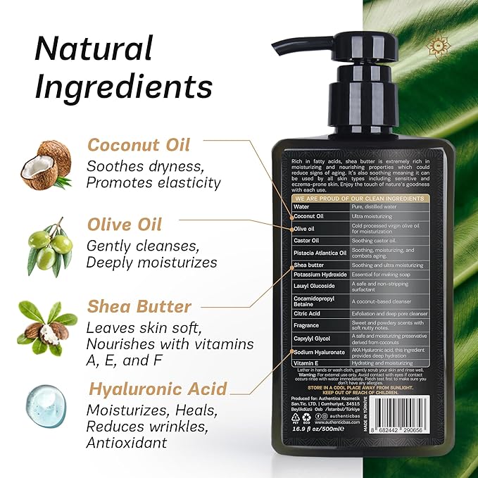 AUTHENTIC BATH & SOAP All Natural - Organic Shea Butter Body Oil with Vitamin E & Hyaluronic Acid, Moisturizing, Hydrating Shower Gel for Men & Women, Cruelty Free & Vegan, Paraben Free 16.9 Fl Oz