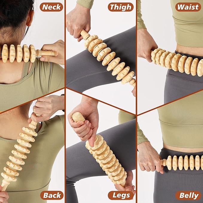 Wood Therapy Tools for Body Shaping,8 in 1 Wood Therapy Massage Tools,Wooden Gua Sha Tools,Lymphatic Drainage Massager,Maderoterapia kit,Wooden Massager Roller Rope for Body Shaping, Beige