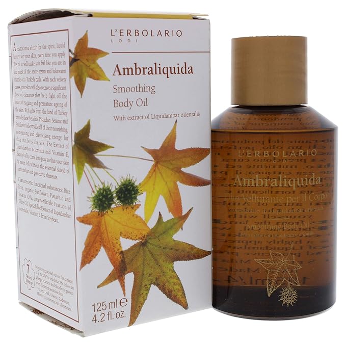 L’Erbolario Ambraliquida Smoothing Body Oil - Firming, Anti-Aging, Dry Skin Moisturizer - Massage and Vitamin E Oil with Liquidambar Extract - 4.2 oz