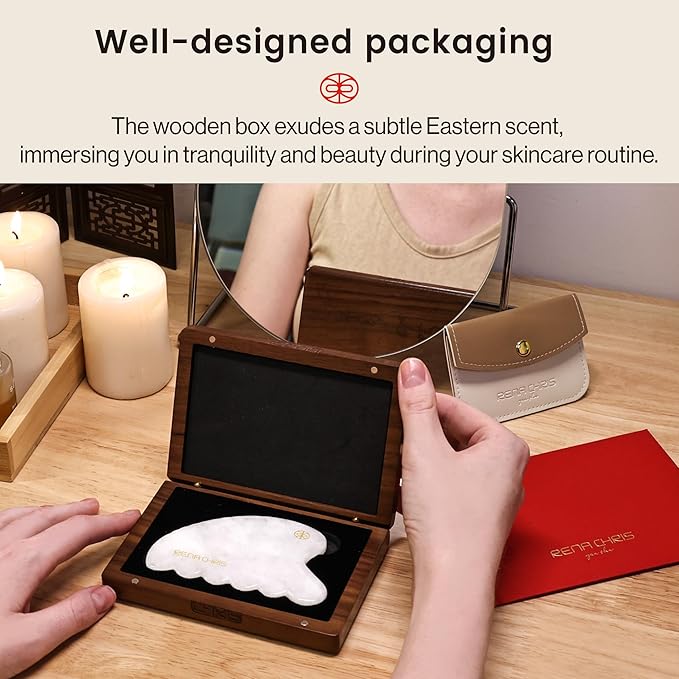 Rena Chris Gua Sha Facial Tool, Natural White Jade Stone Body Gua Sha with Exquisite Wooden Box, Large Guasha Suitable for Face Lifting, Puffiness Reducing and Whole-Body Massage, Skin Care Massager