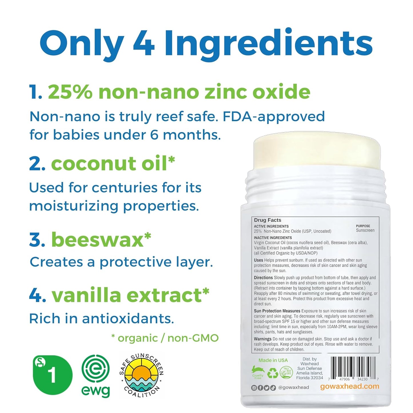 Waxhead Zinc Oxide Sunscreen Stick SPF 30 – Mineral Sunblock for Face & Body, Sport & Surf Reef Safe, Waterproof, Baby & Kids Safe for Sensitive Skin, Non-Nano Organic Tattoo Protection (White, 3.7oz)