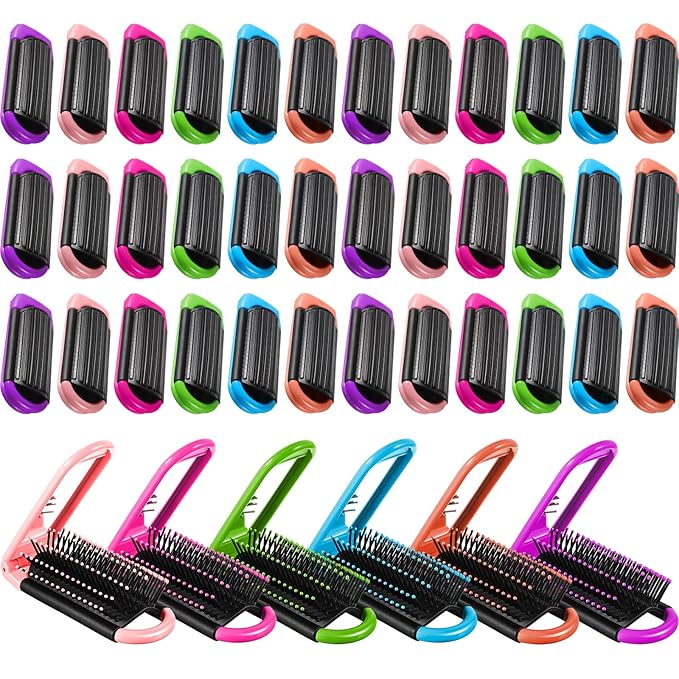 Chunful 30 Pcs Folding Hair Brush Set with Mirror Travel Hair Brush Portable Mini Brush for Women Men Pocket Small Bulk Hair Brushes for Purse Size Hair Styling Tools for Toiletry Bag