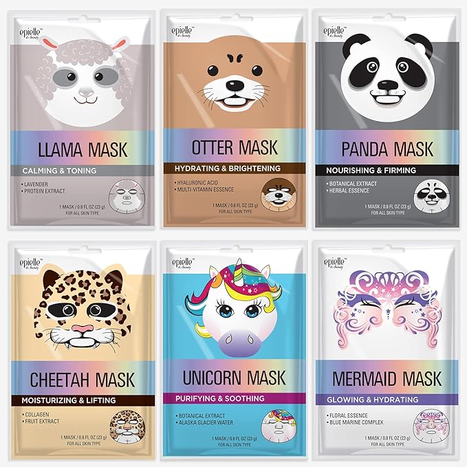 Epielle Animal Character Sheet Masks 6 Pack, Moisturizing & Hydrating Face Mask with Hyaluronic Acid & Botanical Extract, Korean Skin Care, Girls Spa Party Favors, Sleepover, Self Care Gifts for Women