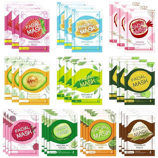 30 Sheets Face Masks Skincare, Hydrating Variety Face Mask For Sensitive Skin, Moisturising Sheet Mask for Women, Soothe Facial Masks for All Skin Types, Fruit Sheet Face Mask Skincare for Spa