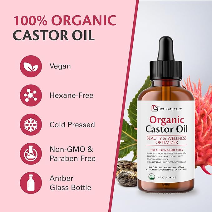 100% Pure Organic Castor Oil for Hair, Lash and Eyebrow Growth, Lymphatic Drainage, Stomach Discomfort and Skin Hydration | Hexane-Free, Cold Pressed, Unrefined in a 4 fl oz Glass Bottle with Dropper