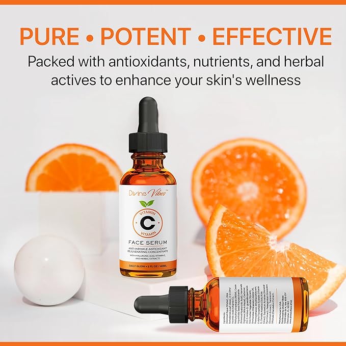 100% Pure Vitamin C Serum for Face - Face Serum for Fine Lines with Hyaluronic Acid, Vitamin E, Herbal Antioxidant Extracts - Smooth, Tight, Firm, Youthful Skin, 2 FL Oz