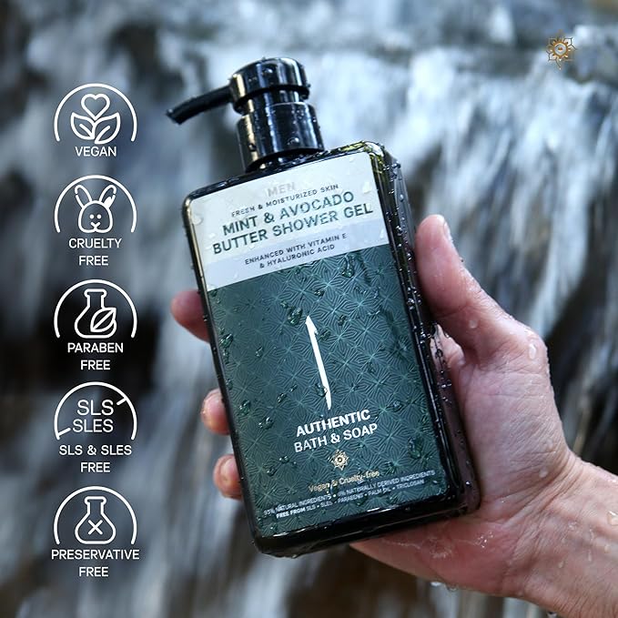 AUTHENTIC BATH & SOAP Sensitive Skin Body Wash – Organic Mint Essential Oil & Avocado Butter – Hydrating Shower Gel with Vitamin E & Hyaluronic Acid – SLS Free, Moisturizing & Refreshing, 16.9 Fl Oz