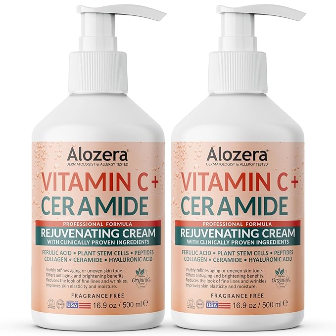Vitamin C Moisturizer Body Lotion with Ceramides & Stem Cells, Rejuvenating Face & Body Lotion for Noticeably Youthful, Even Skin Tone, Lightweight, Fragrance-Free, 2-Pack 16.9 oz