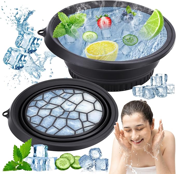 Face Bowl for Ice with Built-In Icetray – Collapsible Silicone Facial Ice Bath Bowl for Easy Storage & Carrying,Face Ice Bath Bowl for Cold Plunge Therapy,Facial Plunge Bowl for Home & Travel (Black)