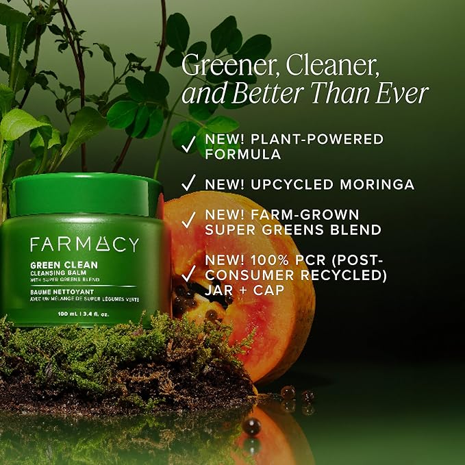 Farmacy Makeup Remover Cleansing Balm - Green Clean Waterproof Makeup Remover + Oil Based Cleanser - Newly Formulated Double Cleanser with Plant Based Waxes + Upcycled Moringa (200ml)