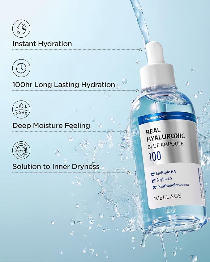 WELLAGE Real Hyaluronic Blue Ampoule 100, Fragrance Free Hyaluronic Acid Ampoule, Hydrating Non Sticky Serum for Sensitive Dry Skin, 2.54 fl.oz
