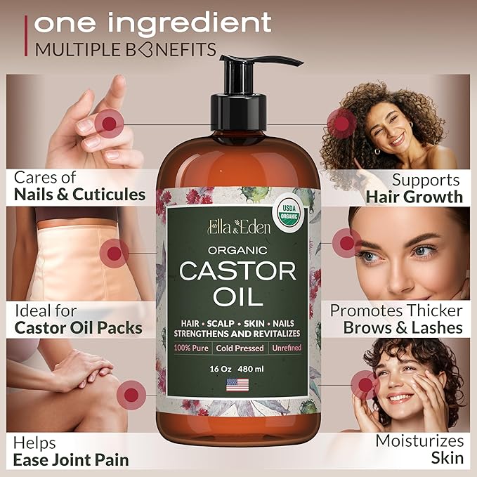 Ella & Eden Castor Oil Organic – Cold Pressed Hexane-Free Unrefined Glass Bottle | Castor Oil For Hair Growth, Face, Skin | USDA Certified 100% Pure – 16 Oz