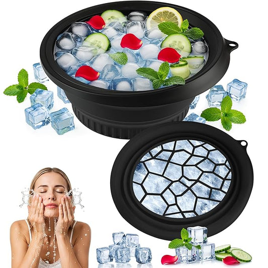 Large Bowl for Face Ice Bath, Foldable Facial Ice Bath with Built-in Icetray, Silicone Facial Ice Bath Bowl, Ice Face Bowl (Black)
