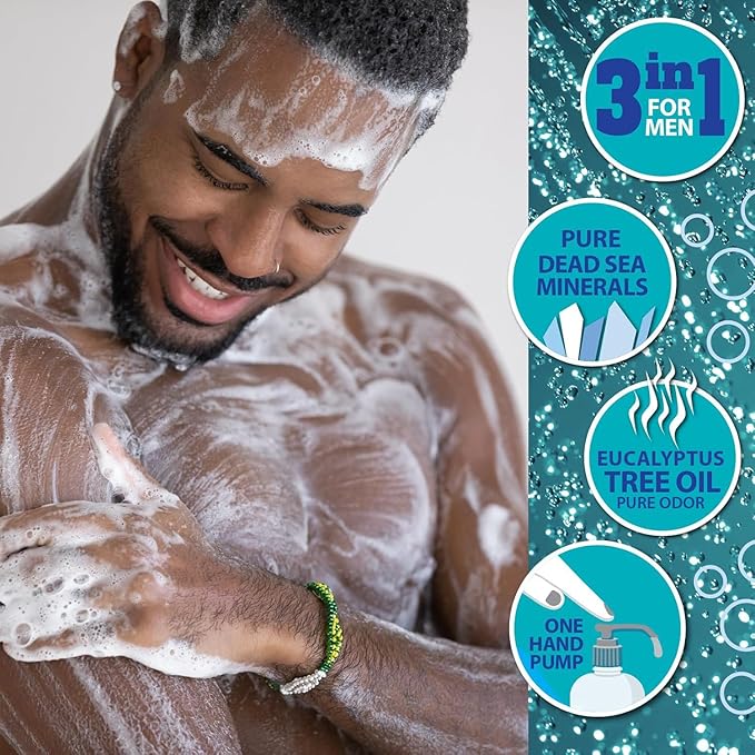 Dead Sea Collection Mens Body Wash 3 in 1 – Eucalyptus Body Wash for Men – Shower Gel – Shampoo – Shower Soap for Face and Hair – Pack of 2 Bottles (33.8 Fl. Oz. Each)