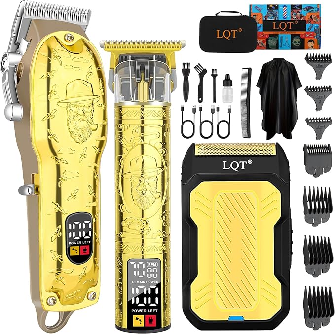 Professional Hair Clipper Set for Men Electric Shaver Razor Cordless Hair Cutting Barber Clippers Beard Trimmer Men’s Grooming Kit Gifts for him (Gold)
