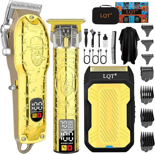 Professional Hair Clipper Set for Men Electric Shaver Razor Cordless Hair Cutting Barber Clippers Beard Trimmer Men’s Grooming Kit Gifts for him (Gold)