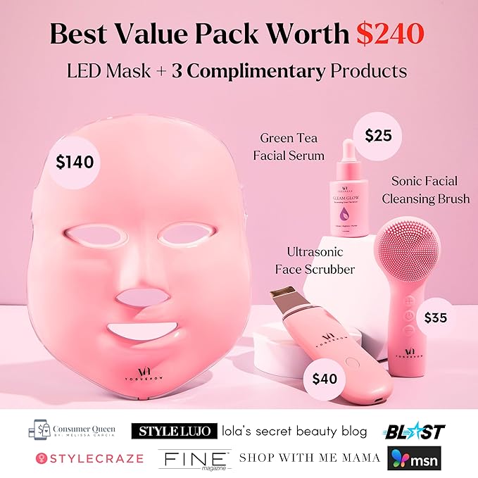 LED Face Mask Light Therapy Premium Spa Kit (4 Pcs) - With Ultrasonic Scrubber, Ultrasonic Brush & Green Tea Serum - 7 Colors (Blue & Red) Light Therapy Mask -Spa Light Therapy Facial For Rejuvenation
