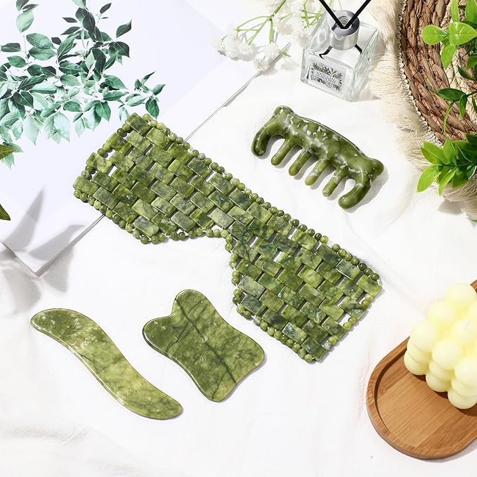 Weysat 4 Pcs Gua Sha Facial Tools Set Jade Eye Mask Facial Jade Massage Comb Scrap Massage Tool Guasha Stone Board Multifunctional Gua Sha Comb for Spa Acupuncture Therapy Esthetician Essentials