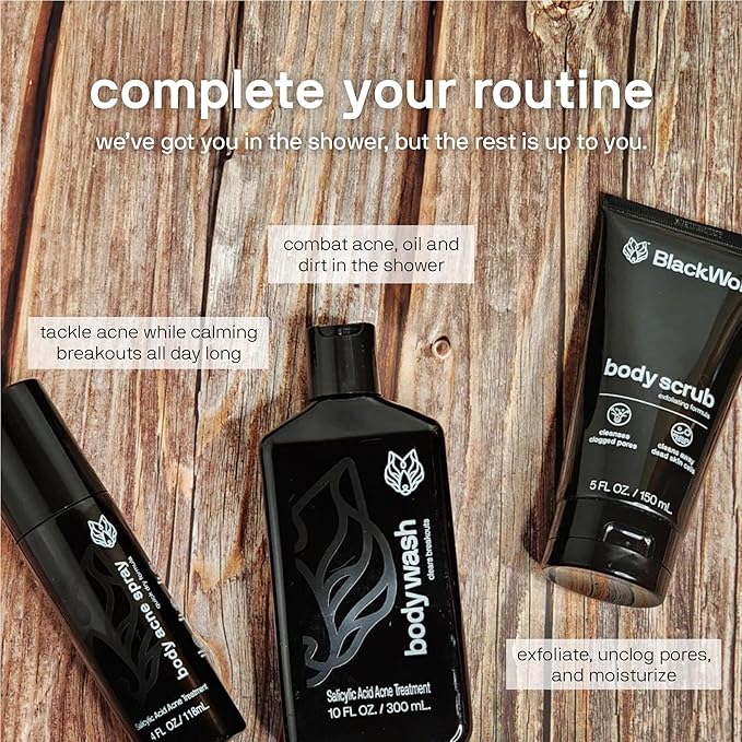 Black Wolf Salicylic Acid Body Wash for Men - 10 Fl Oz, 2-Pack - Men's Acne Body Wash - Charcoal Helps Reduce Acne Breakouts & Cleanse Your Skin - Full Coverage & Deep Clean Treatment - Men's Bodywash