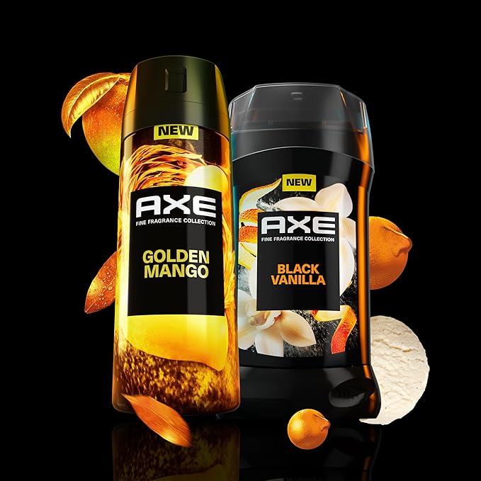 AXE Fine Fragrance Collection Premium Deodorant Body Spray for Men Golden Mango 3 Count With 72H Odor Protection and Freshness Infused with Mango, Mandarin, and Vetiver Essential Oils 4 oz