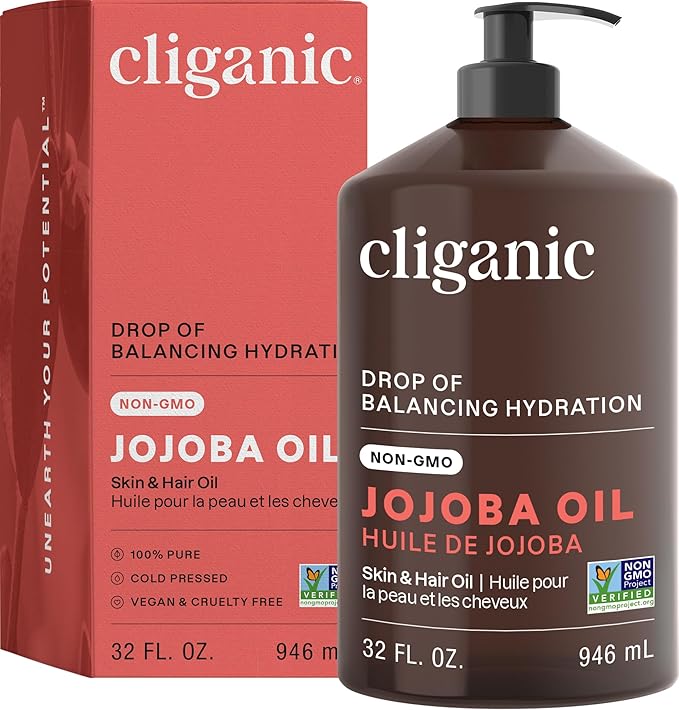 Cliganic Jojoba Oil Non-GMO, Bulk | 100% Pure for Skin, Hair & Face, Cold Pressed Natural Hexane Free - Hair Relaxer (32 oz)