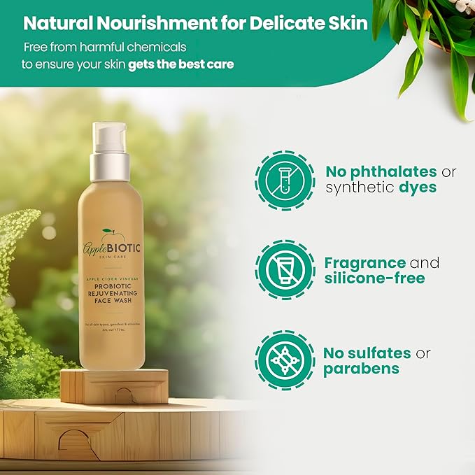 Apple Cider Vinegar Face Wash - Exfoliating Face Wash, Hydrating Gel Foaming Facial Cleanser, Fragrance Free, 6oz