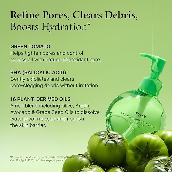 FULLY Green Tomato Pore Cleansing Oil, Daily Oil Cleanser with BHA & Green Tomato for Makeup Removal, Sebum Control, Blackhead Removal for Sensitive Skin, Vegan Korean Skincare, 8.45 fl.oz