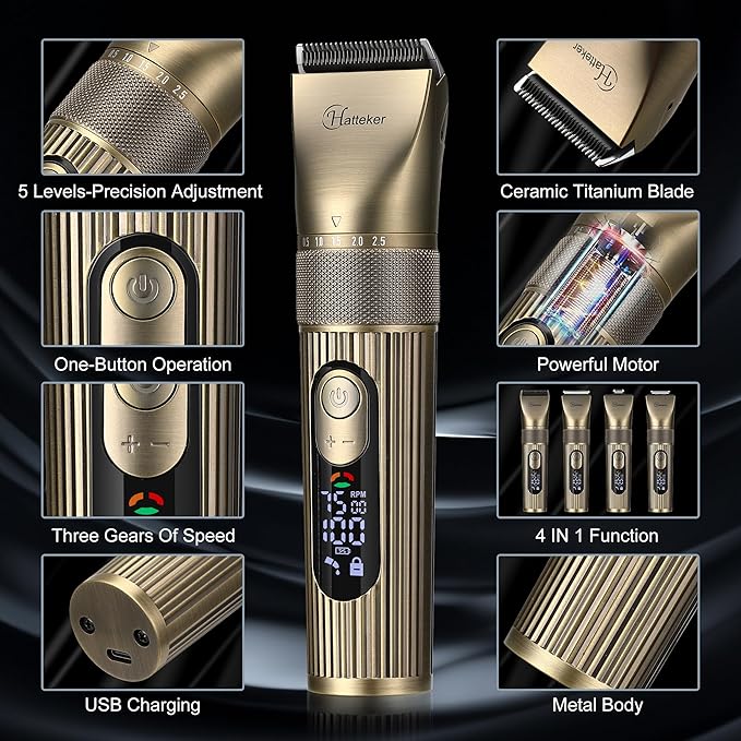 Hatteker Men's Beard Trimmer Professional Cordless Hair Clipper Barber Clipper Shaver Detail Trimmer for Men Waterproof 4 in 1