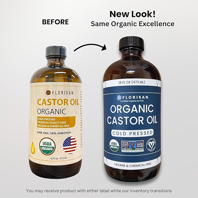Florisan Organic Castor Oil 16oz Glass Bottle, Cold Pressed, Hexane-Free, Non-GMO, 100% Pure Castor Oil for Hair Growth, Skin, Lashes, Eyebrows, EWG Verified & USDA Organic Certified